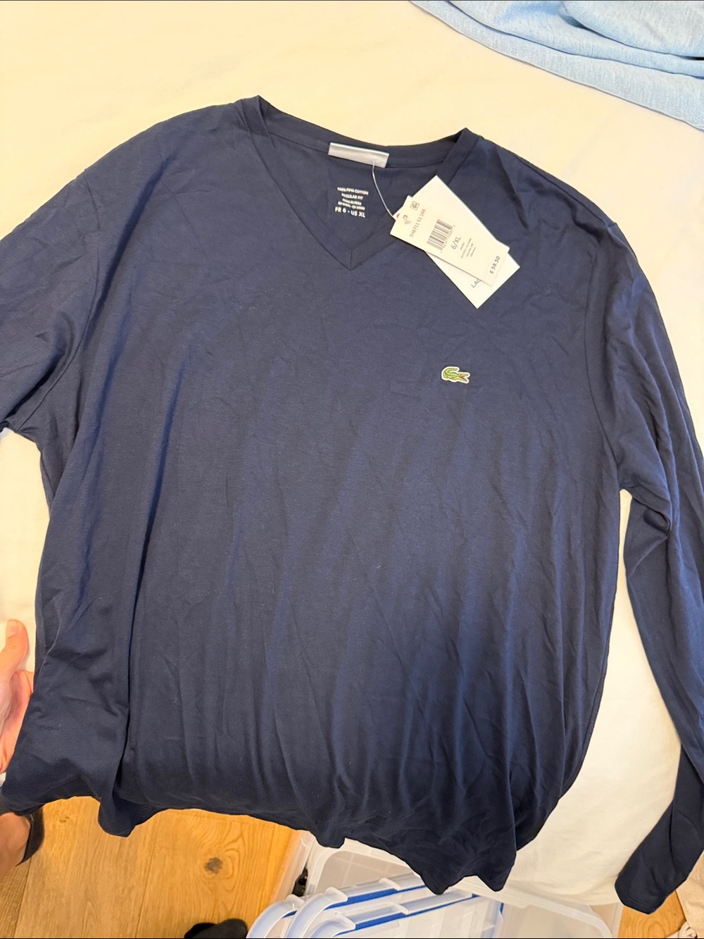 Lacoste Men's Navy V-Neck Long Sleeve Tee with Embroidered Crocodile